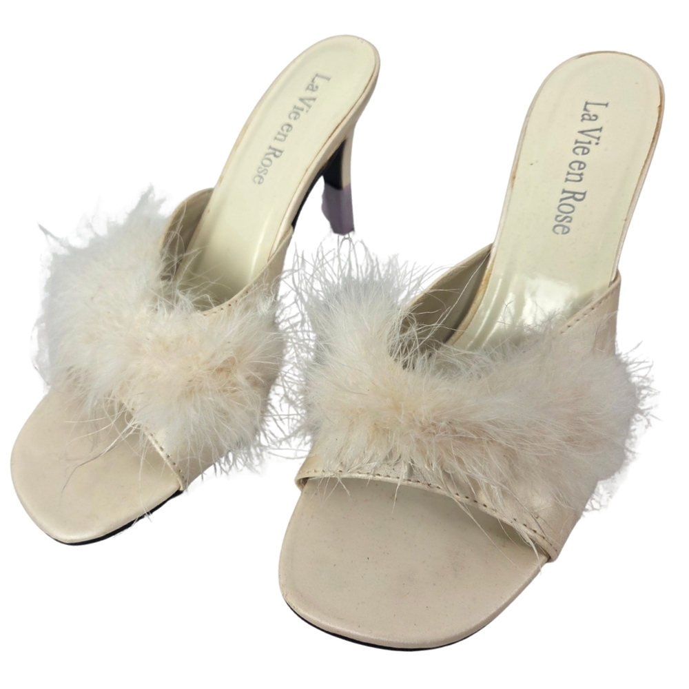 La Vie en Rose Cream Feather Slide Heels